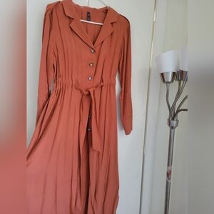Rust Button-Front Long Sleeve Maxi Dress with Waist Tie